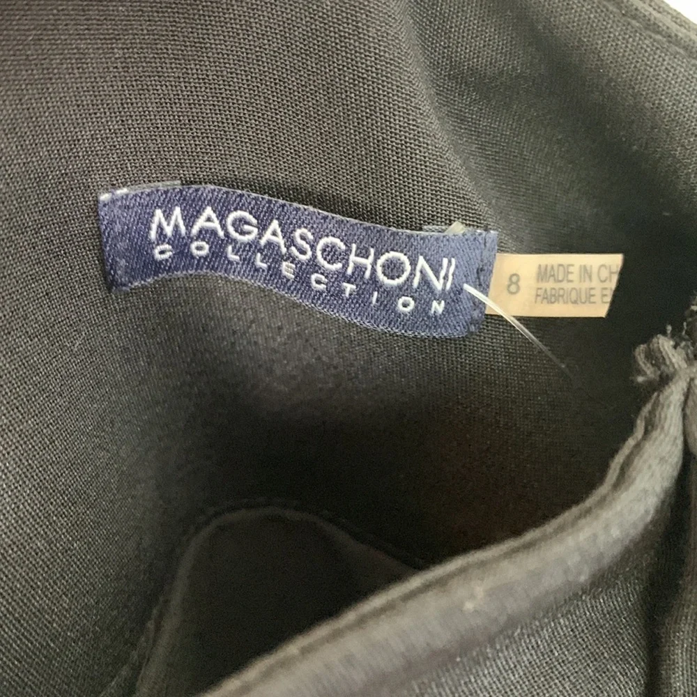 Magaschoni Collection Silk Front Zip Ruffled Black Knee Length Pencil Skirt Sz 8